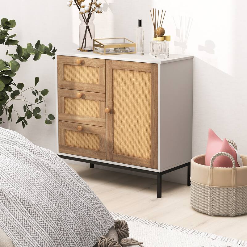 Gymax Set of 2 Rattan Sideboard Buffet Cabinet Accent Cabinet w/ 1
