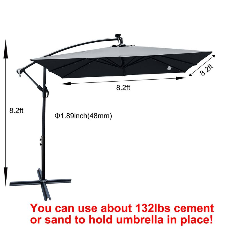 Square 2.5X2.5M Patio Umbrella Solar Powered LED Lighted Sun Shade Market Waterproof 8 Ribs Umbrella with Crank and Cross Base