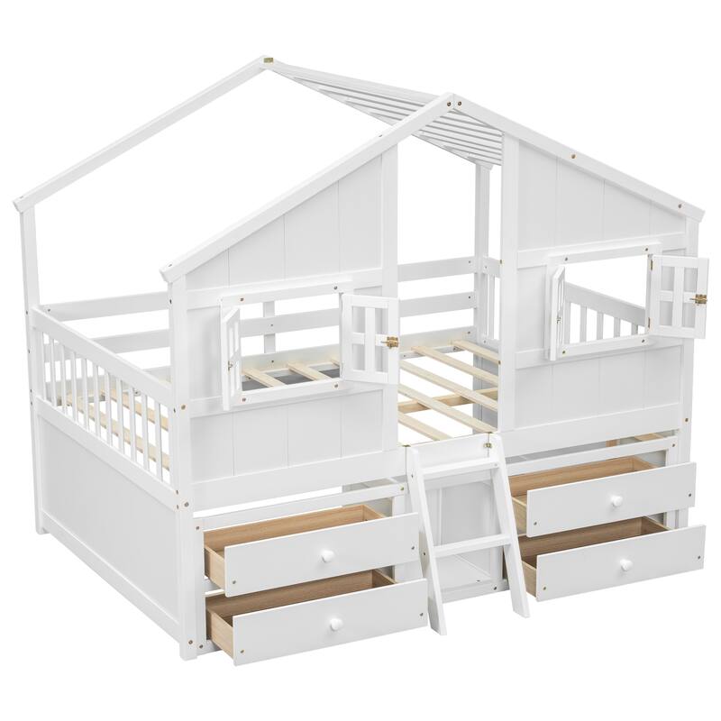Full Size House-shaped Loft Bed with House Roof Frame Skylight Windows 4 Storage Drawers Guardrails and Stairs for Kids' Room