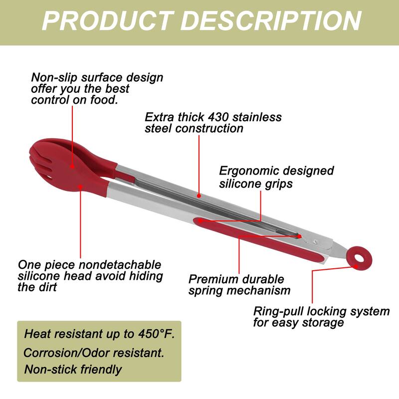 Kitchen Tongs for Cooking Stainless Steel Tongs Silicone Round Head Salad 12" - Burgundy - Burgundy - 12"