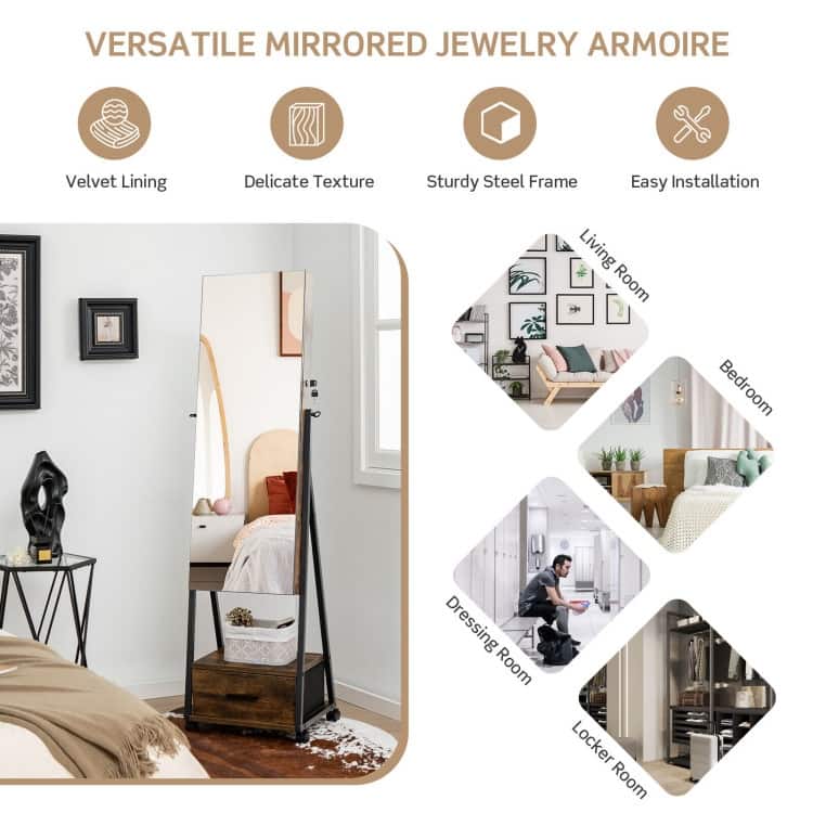 Full-Length Mirror Jewelry Cabinet for Storage and Organization - 16.5" x 15" x 62"(L x W x H)