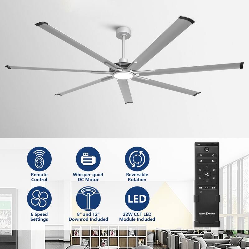 84" Silver Aluminum Extra Large Integrated LED Ceiling Fan with Light and Remote