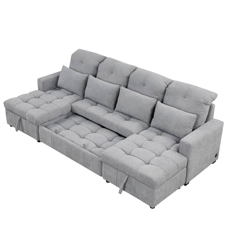 U-shaped Sofa Pull-out Sofa Bed, Modular Sectional Sofa with 2 Storage Chaise Lounges and 2 USB Ports for Living Room
