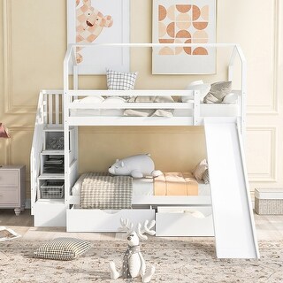 House Bunk Bed with 2 Drawers, Slide and Storage Staircase - Bed Bath ...