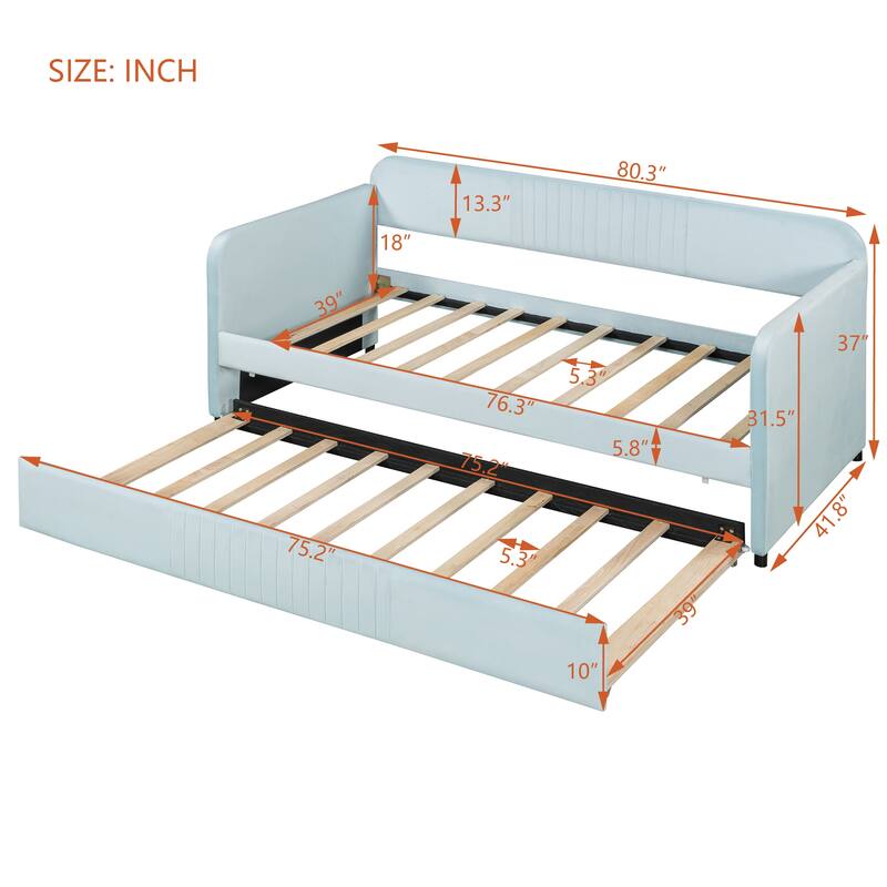 Velvet Upholstered Platform Bed Twin Size Daybed with Pull Out Trundle Bed and Wood Slat Support, No Box Spring Needed