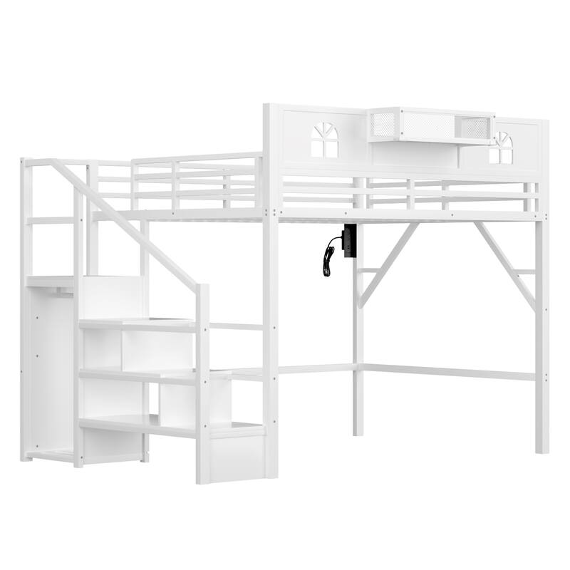 Queen/Full Size Metal Loft Bed with Stairs and House-Shaped Guardrails, High Loft Bed with Built-in Wardrobe