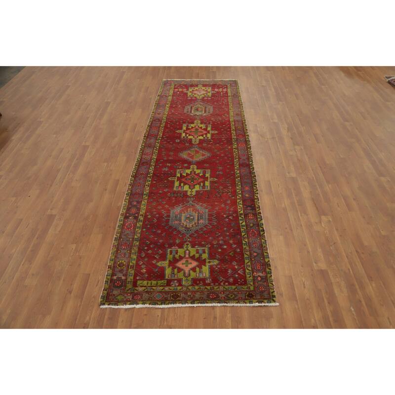 Hand Knotted Oriental 100% Wool Carpet Traditional Geometric Red Heriz Runner Rug - 11' 2'' X 3' 8''