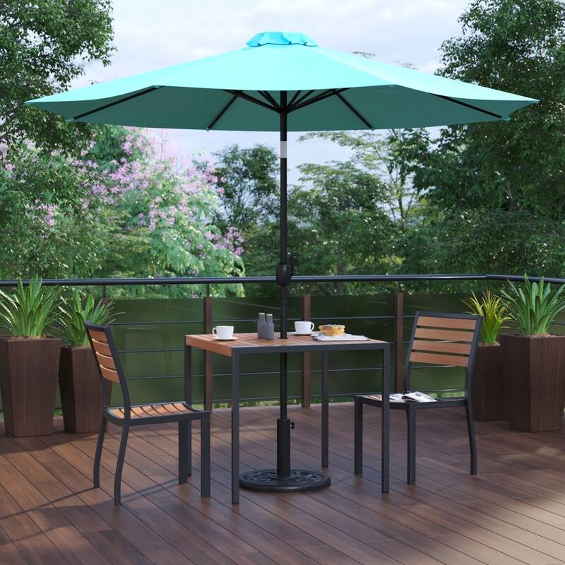 Faux Teak Patio Table, 2 Chairs & 9FT Patio Umbrella with Base - Teal