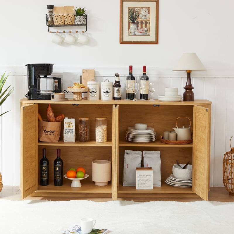 Rounded corner sideboard, storage cabinet, buffet, wood vertical striped cabinet with rattan doors