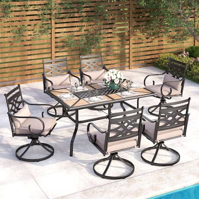 MAISON ARTS 7-Piece Outdoor Dining Set Geometric Rectangle Table & Elegant Cast Iron Pattern Swivel Dining Chairs