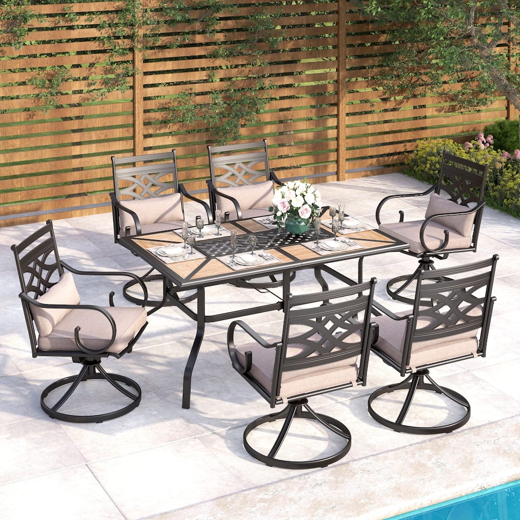 MAISON ARTS 7-Piece Outdoor Dining Set Geometric Rectangle Table & Elegant Cast Iron Pattern Swivel Dining Chairs