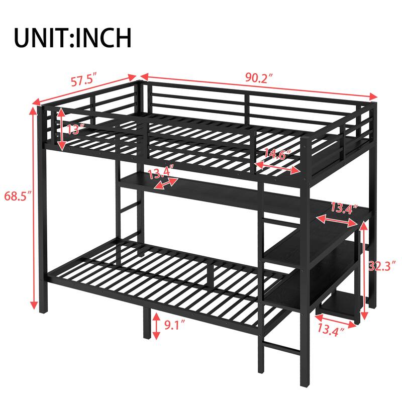 Full Over Twin Bunk Bed with L-shaped Desk, LED Lights, USB Ports and Shelves, Black Metal Bed Frame with Ladders and Guardrail