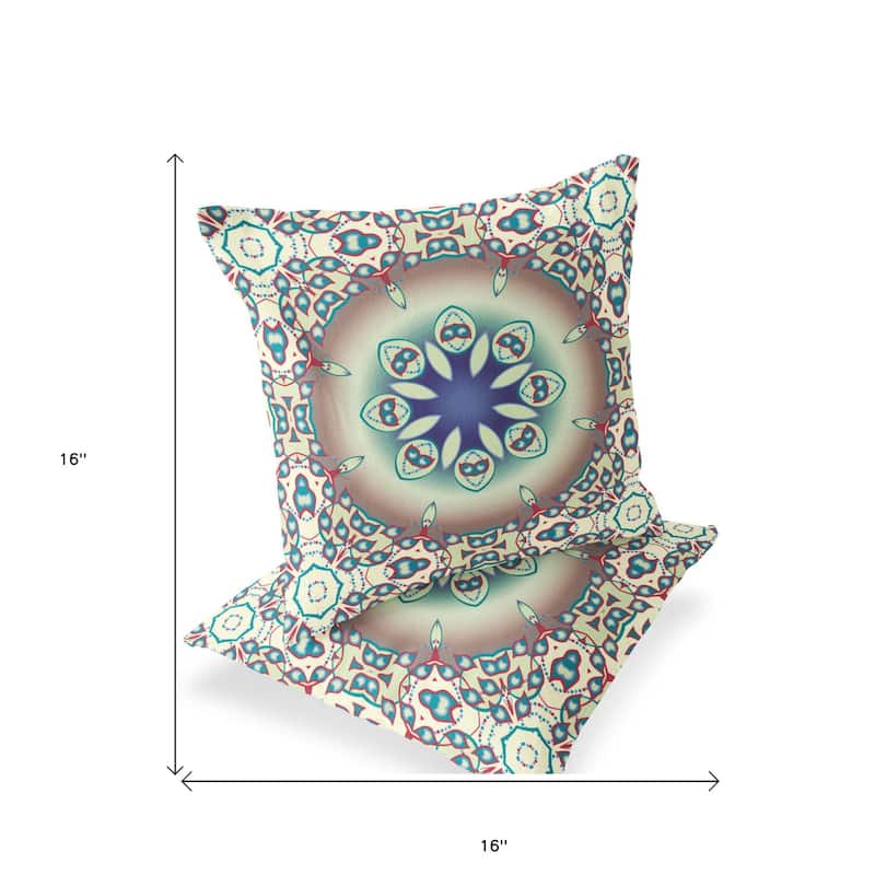 HomeRoots Set of Two 16" X 16" Beige and Blue Blown Seam Floral Indoor Outdoor Throw Pillow - 16.00' X '16.00' X '5.00
