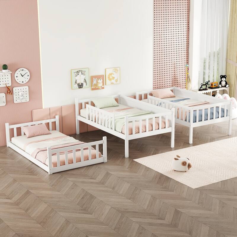 Twin Size Triple Rubber Wood Bunk Bed, with Ladders, Guardrails Detachable Bunk Bed, Twin over Twin over Twin