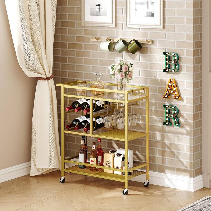 3-Tier Serving Cart with Wheels, Handle, Wine Rack, and Glass Holders