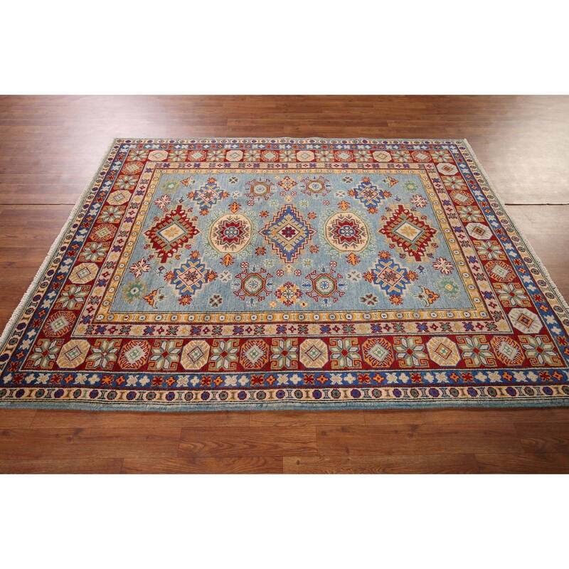 Light Blue Kazak Area Rug Handmade Bedroom Wool Carpet - 5'3" x 6'9"