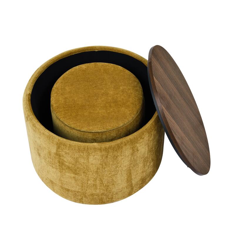 Roomfitters 2-Piece Round Chenille Storage Ottoman Set with Drum-Shaped Stool and MDF Top, Hidden Compartment