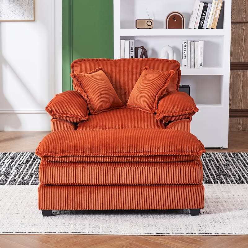 56.3 Inch Corduroy Single Deep Seat Sofa Chair With 2 Toss Pillows and a Ottoman
