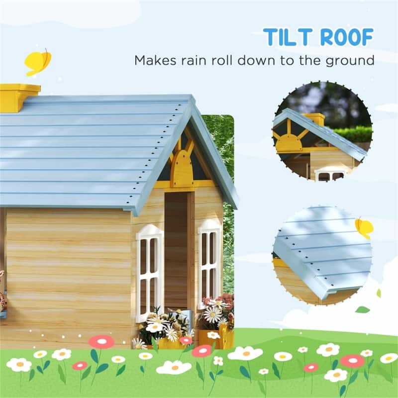 Natural Wood Kids Outdoor Playhouse with Bench Service Station and Flowerpot Holders for Backyard Fun Ages 3 to 7