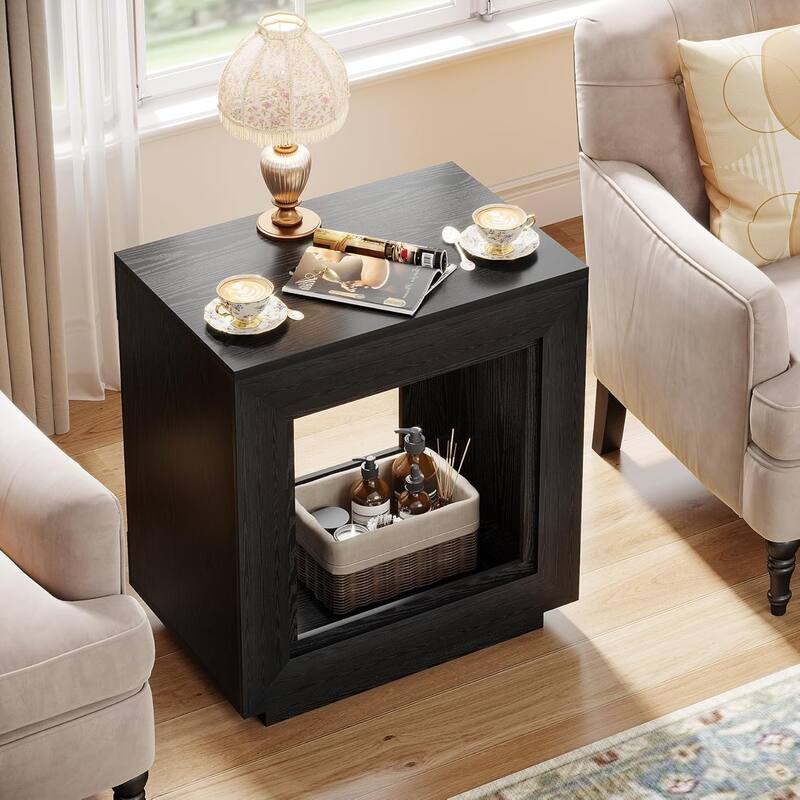 24" Rustic 2-Tier End Table, Side Table with Storage Shelf, Sofa Nightstand for Living Room, Bedroom, Entryway