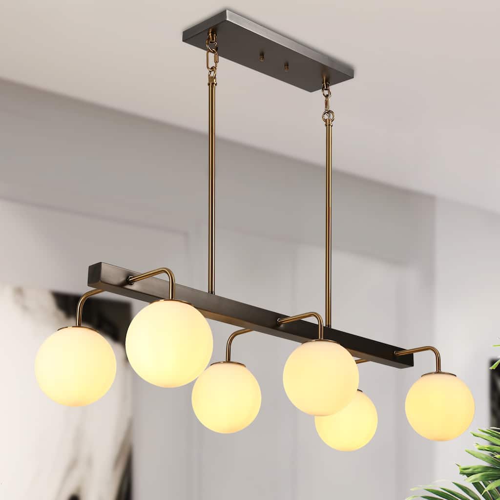 Aladari Modern Gold 6-Light Chandelier Opal Glass Rectangle Island Lights - Brushed Black Nickel - L 33.5"*W15"*H8.7"