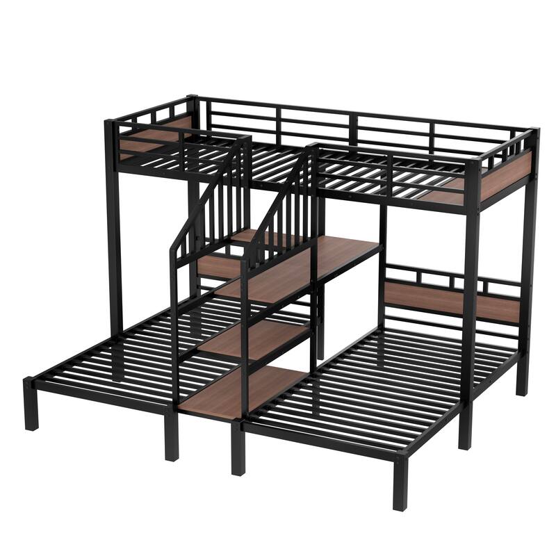 Roomfitters Twin/Queen Metal Triple Bunk Bed with Storage Shelves & Stairs, Space-Saving Heavy-Duty Frame, Black