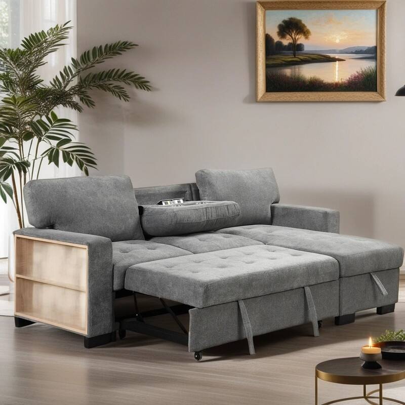 Stylish Velvet Sectional Sofa Pull-out Sofa Bed With Storage And USB