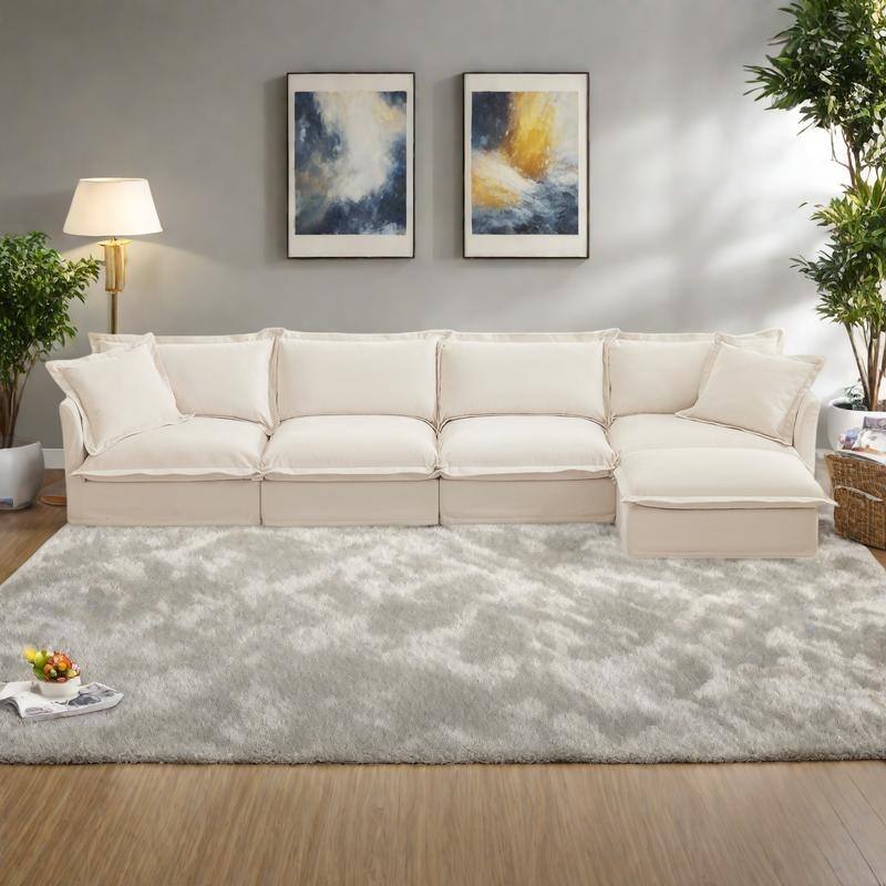 156.6" Chenille L-Shaped Sectional Sofa with 4-Seater and 2 Pillows & Plush Armrests - Cream