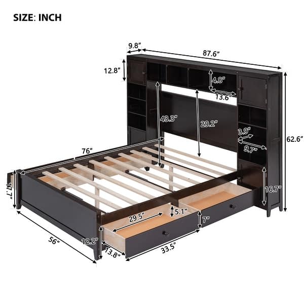 dimension image slide 1 of 3, Full Size Wooden Bed With All-in-One Cabinet and Shelf