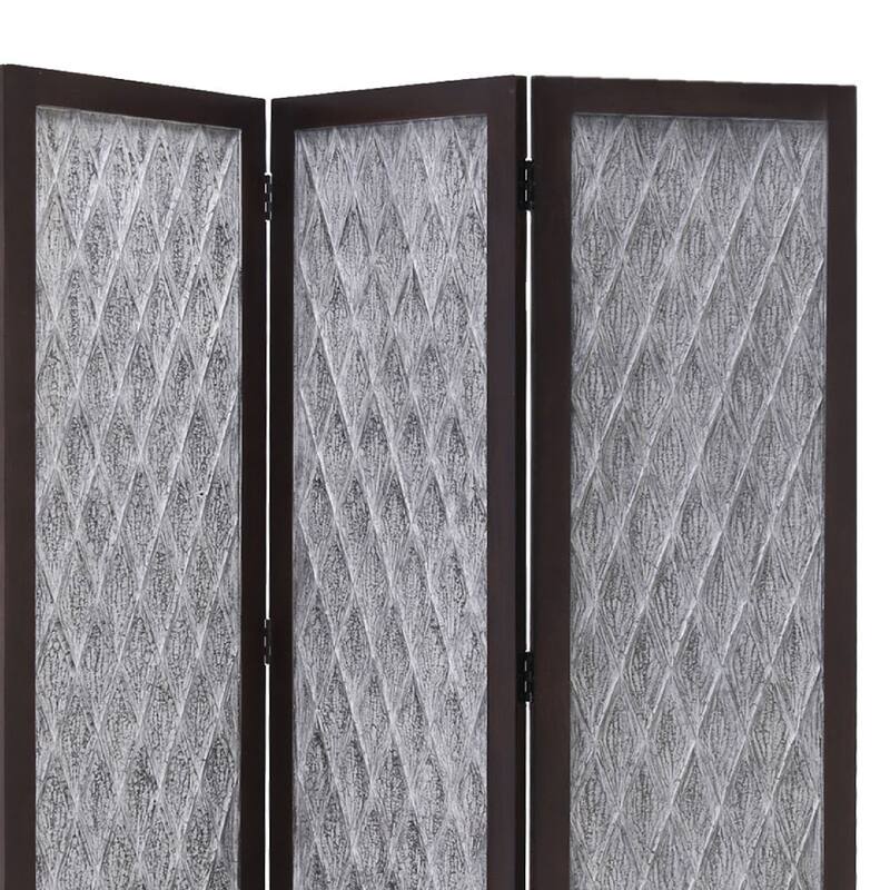 Wooden 3 Panel Room Divider with Textured Diamond Pattern, Gray and Black