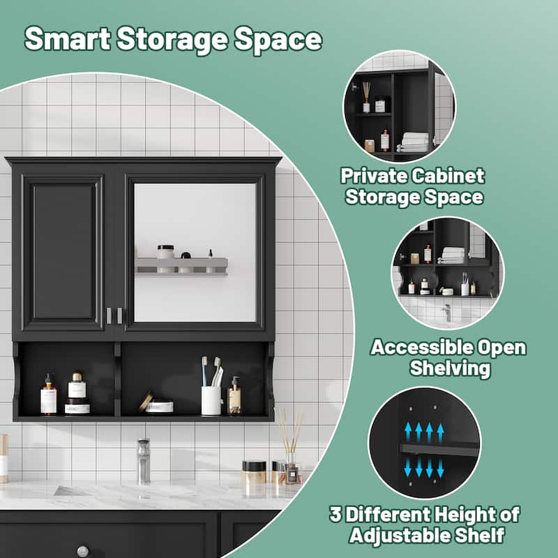 30 Inch Mirror Medicine Cabinet with Open Shelves