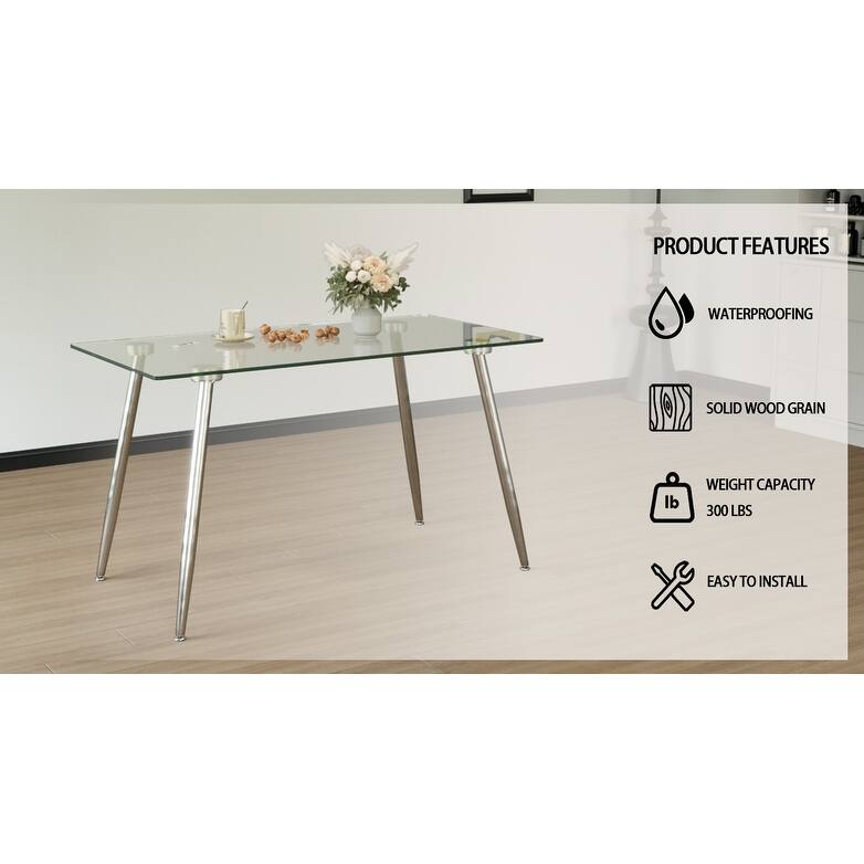 Glass Dining Table, Modern Rectangular Table with Tempered Glass Tabletop & Sliver metal Legs, Simplistic Kitchen Table