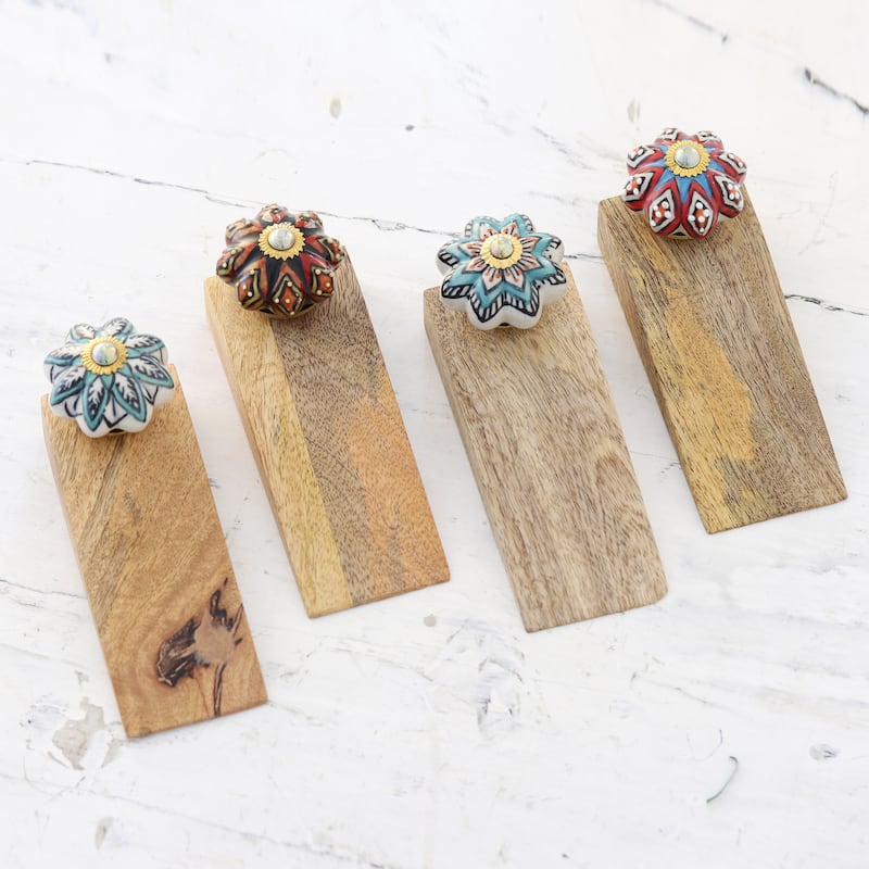 Novica Handmade Flower Fantasy Wood Door Stoppers (Set Of 4)