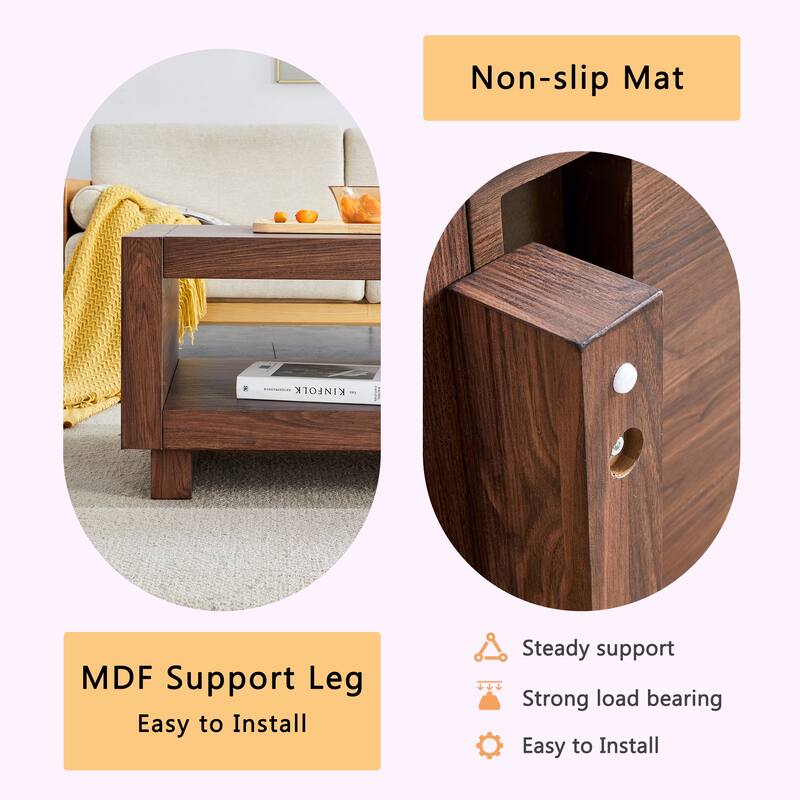 A modern minimalist MDF natural wood-colored rectangular coffee table measuring47.2*23.6*18 inches