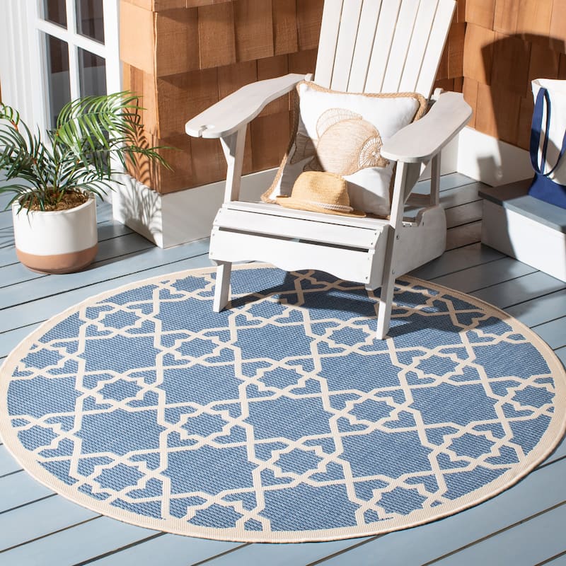 SAFAVIEH Courtyard Lawanda Trellis Indoor/ Outdoor Waterproof Patio Backyard Rug - 6'7" x 6'7" Round - Blue/Beige