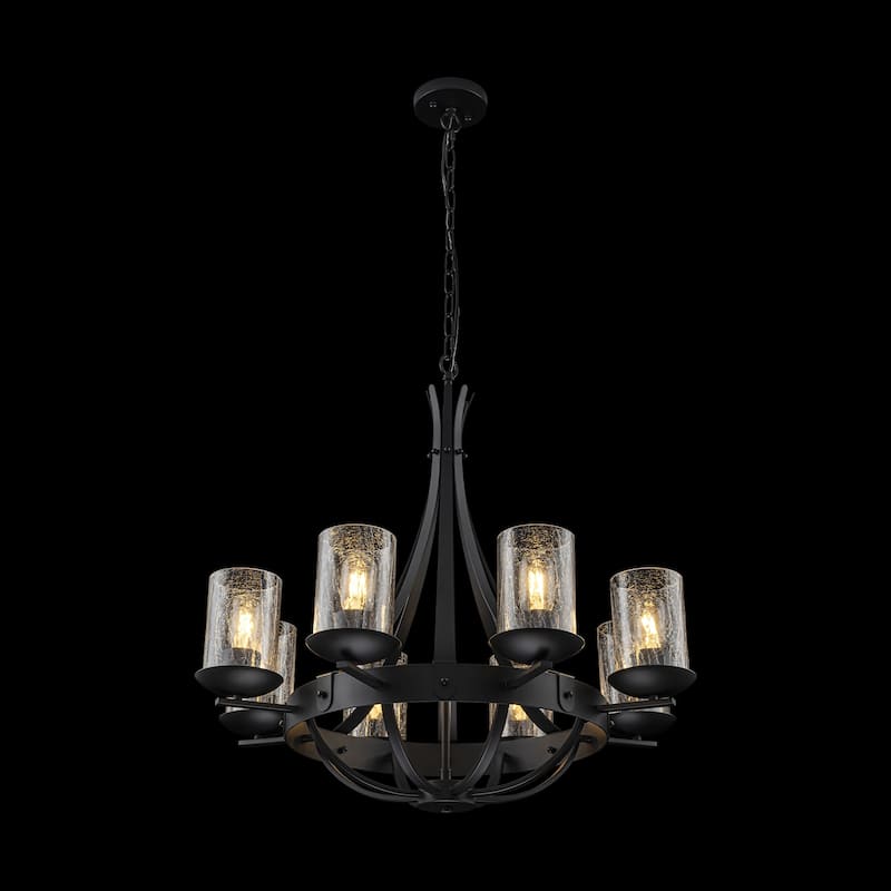 8-Light Industrial Wagon-Wheel Chandelier with Clear Cracked Glass Shades in Matte Black - 28 in. W x 28 in. H