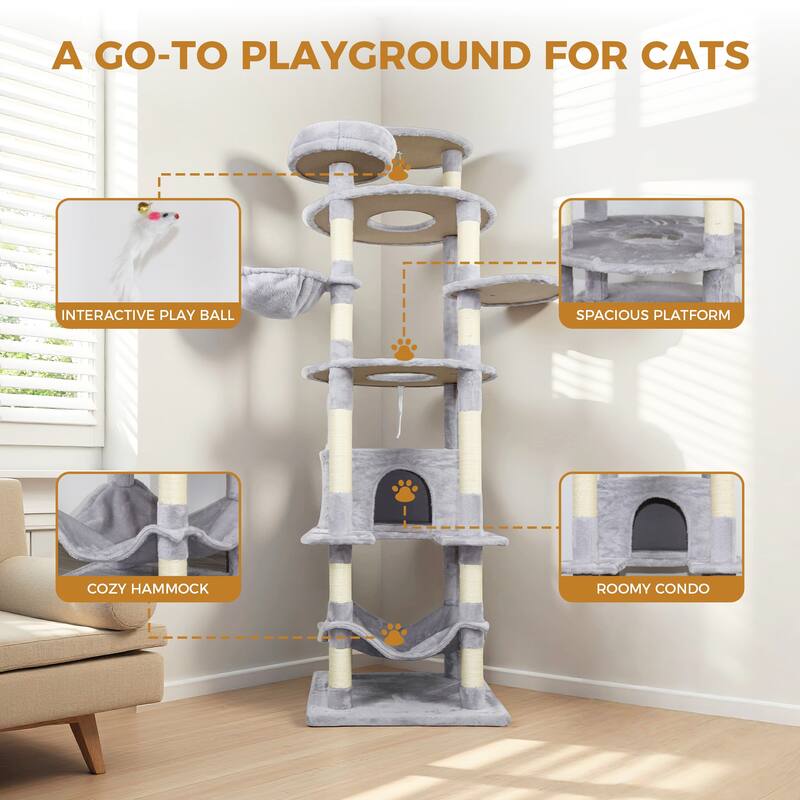 78.8 in Dark Gray Cat Tree Tower with Wide Base, 12 Sisal Scratching Post, Big Hammock,Many landing Perch and Interactive toy