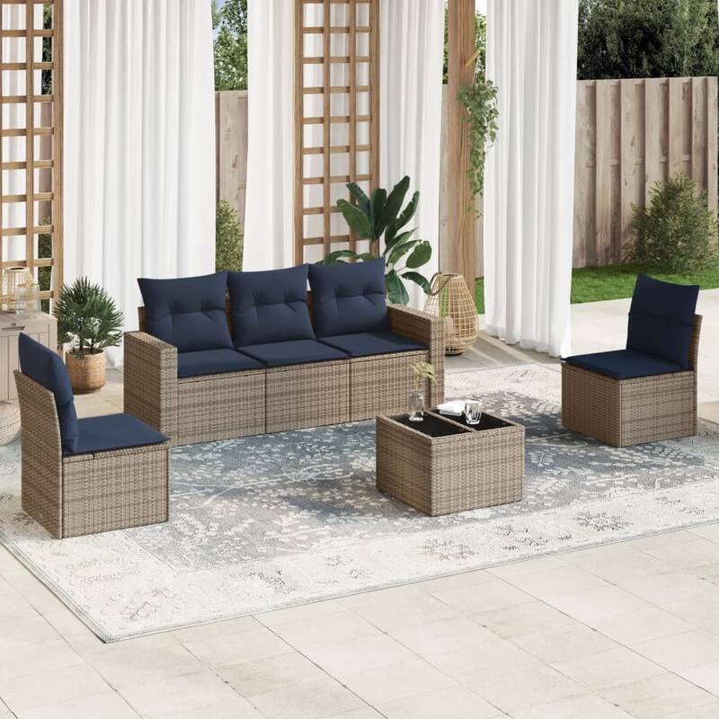 vidaXL Patio Sofa Set with Cushions Outdoor Conversation Furniture Poly Rattan - 25.8" x 24.4" x 27.2" - Beige and gray with table