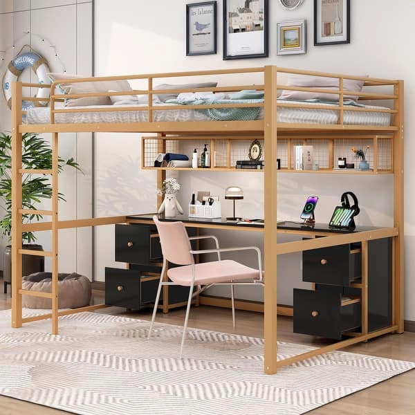 slide 2 of 26, Full Size Metal Loft Bed with Desk, Drawers and Bedside Tray, Charging Station, USB and Socket Gold+Black