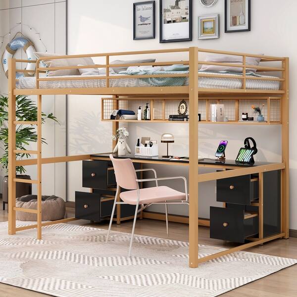 slide 2 of 13, Gold+Black Full Size Metal Loft Bed with Desk, Drawers, Charging Station, and USB Gold+Black