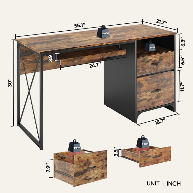 55 inch Computer Desk with Keyboard Tray and Storage Drawers