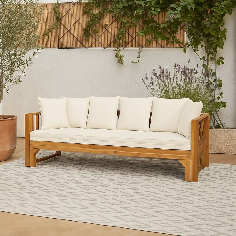 Outdoor Daybed Sofa, 79 Inch, Brown Acacia Wood Frame, Cream Cushions