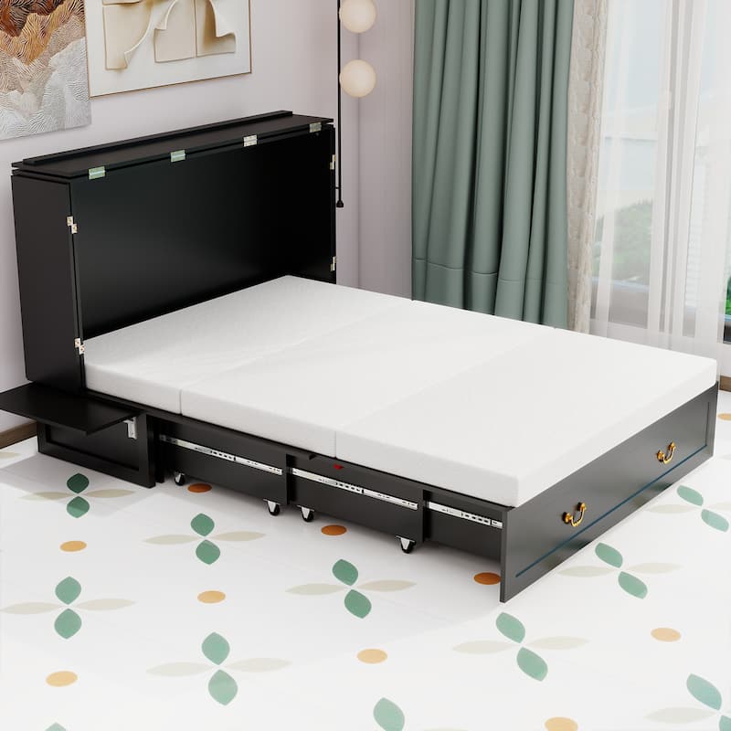 Solid Wood Murphy Bed Full Size with Storage | Space Saving Walnut Cabinet Bed with Easy Pull-Out Mechanism for Bedroom