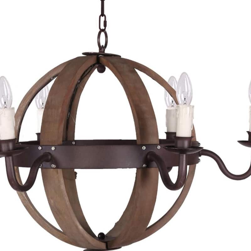 HomeRoots Brown And Black Wood and Metal Sphere Six Light Dimmable Chandelier - 25.00' X '30.50' X '30.50