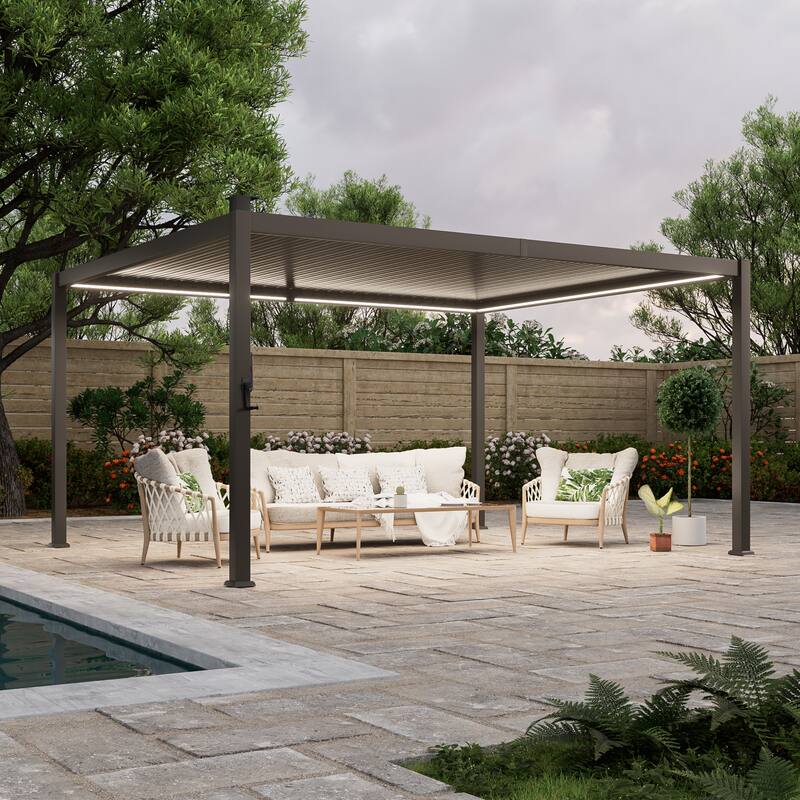 Outdoor Metal Louvered Pergola with LED Strip Lights - 12' x 14' - Brown