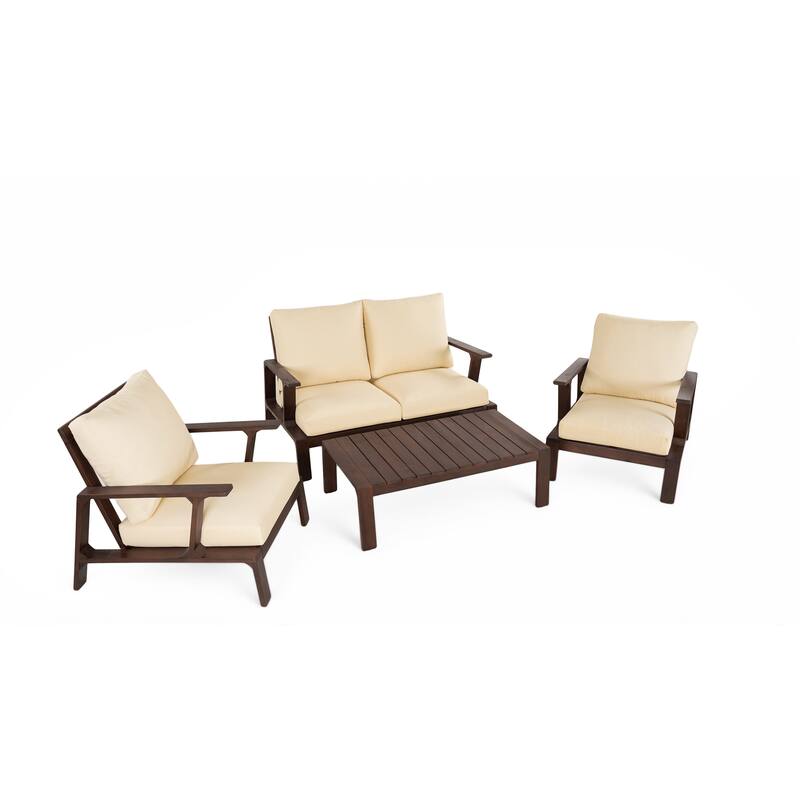 Roomfitters 4 Piece Outdoor Patio Conversation Set with Solid Acacia Wood Frame and Cushions