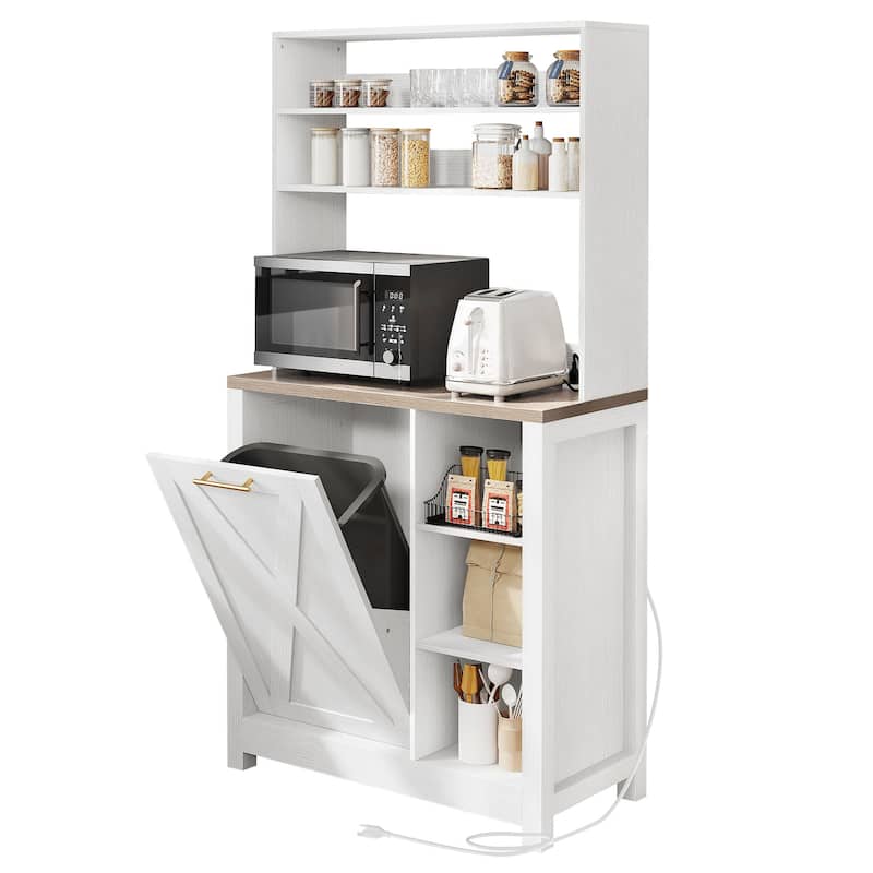Moasis 6-Tier Bakers Rack Cabinet with Microwave Stand and Trash Can Bin, Coffee Bar Table Station with Power Outlets - White