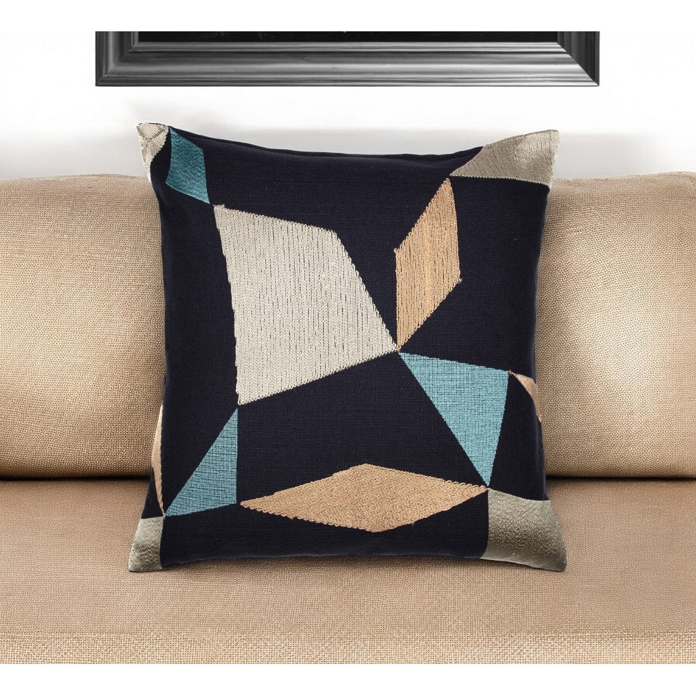 HomeRoots 20" Blue and Beige Geometric Cotton Blend Throw Pillow With Embroidery