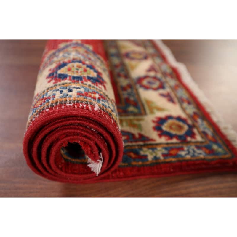 Red Geometric Kazak Oriental Accent Rug Hand-Knotted Wool Carpet - 1'11" x 3'3"