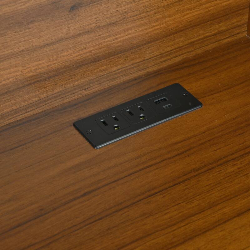 Retro Office Desk Executive Computer Desk with Charging Ports & Hutch, 5 Storage Drawers, Glass-Door Bookshelf